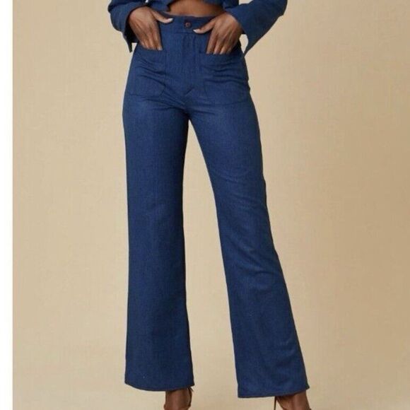 Savannah Morrow Pants Medium 100% Peace Silk Jada Flared Trouser Blue High Waist - Picture 16 of 16